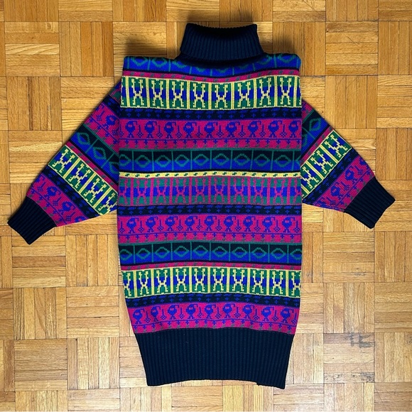 Vintage Colourful XLarge Knitted Turtleneck Sweater - Picture 2 of 5